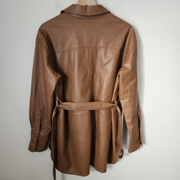NWT Zara | Faux Leather Belted Button Down Shirt Jacket in Cognac - Size L - Picture 9 of 14
